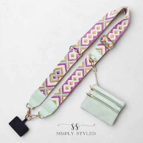 Pastel Mint & Pink Geometric Crossbody Phone Strap with Pouch – Simply Styled