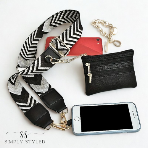 Black & White Chevron Crossbody Phone Strap with Pouch – Simply Styled