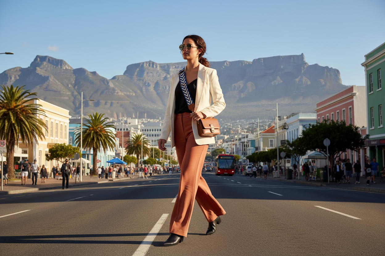 Create an image of a modern women walking in the City of Cape Town, wearing a crossbody small leather handbag with a blue chevron stripe strap